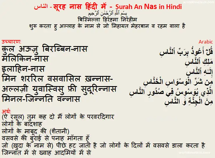Surah An Nas in Hindi Pronounced Translation - सूरह नास हिन्दी अनुवाद का उच्चारण