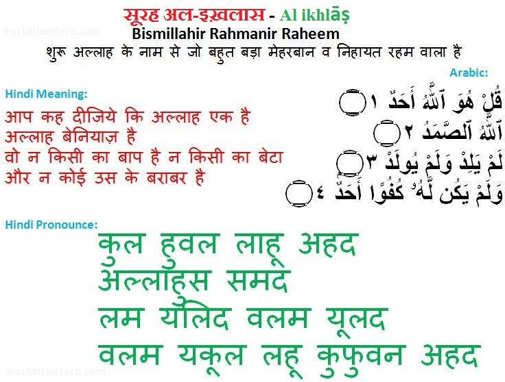 Surah Ikhlas in Hindi Translation Pronunciation